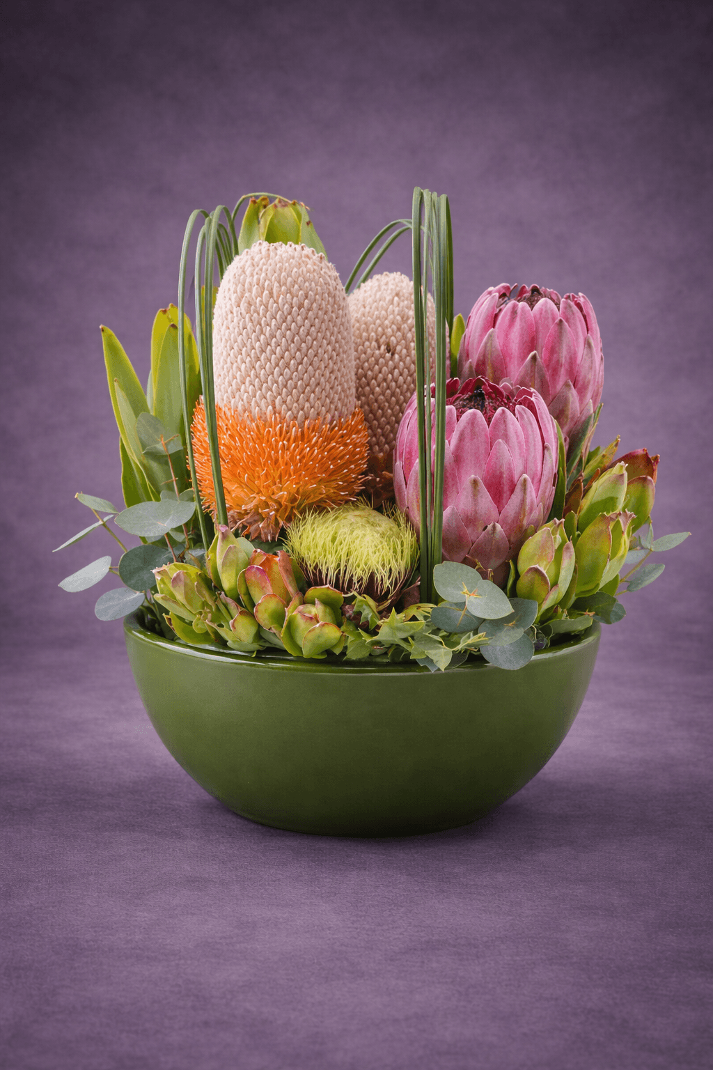Exotic Floral Arrangement in Green Bowl